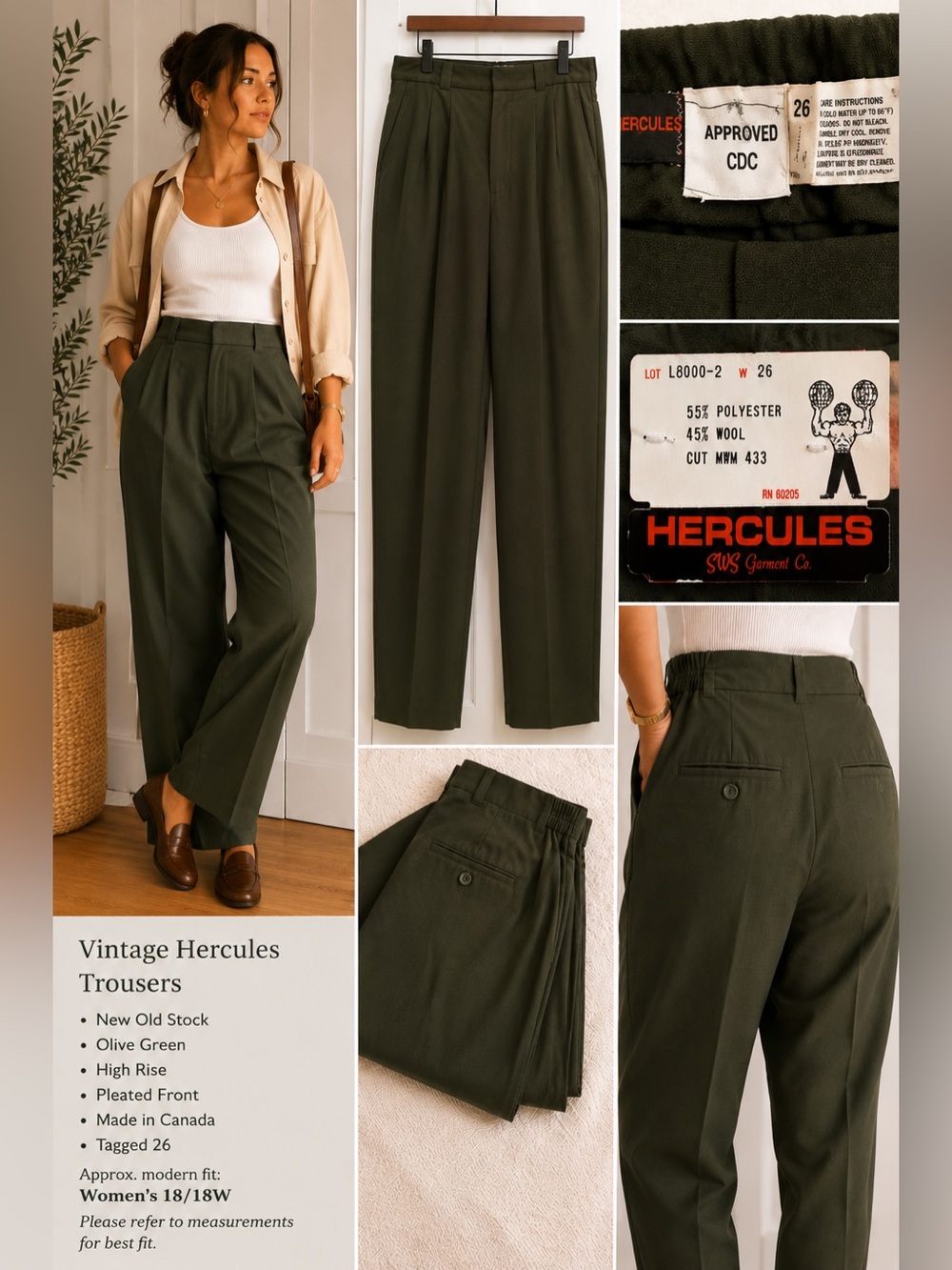 Vintage Hercules NOS Olive Green High Rise Trousers Women’s XXL Menswear Style